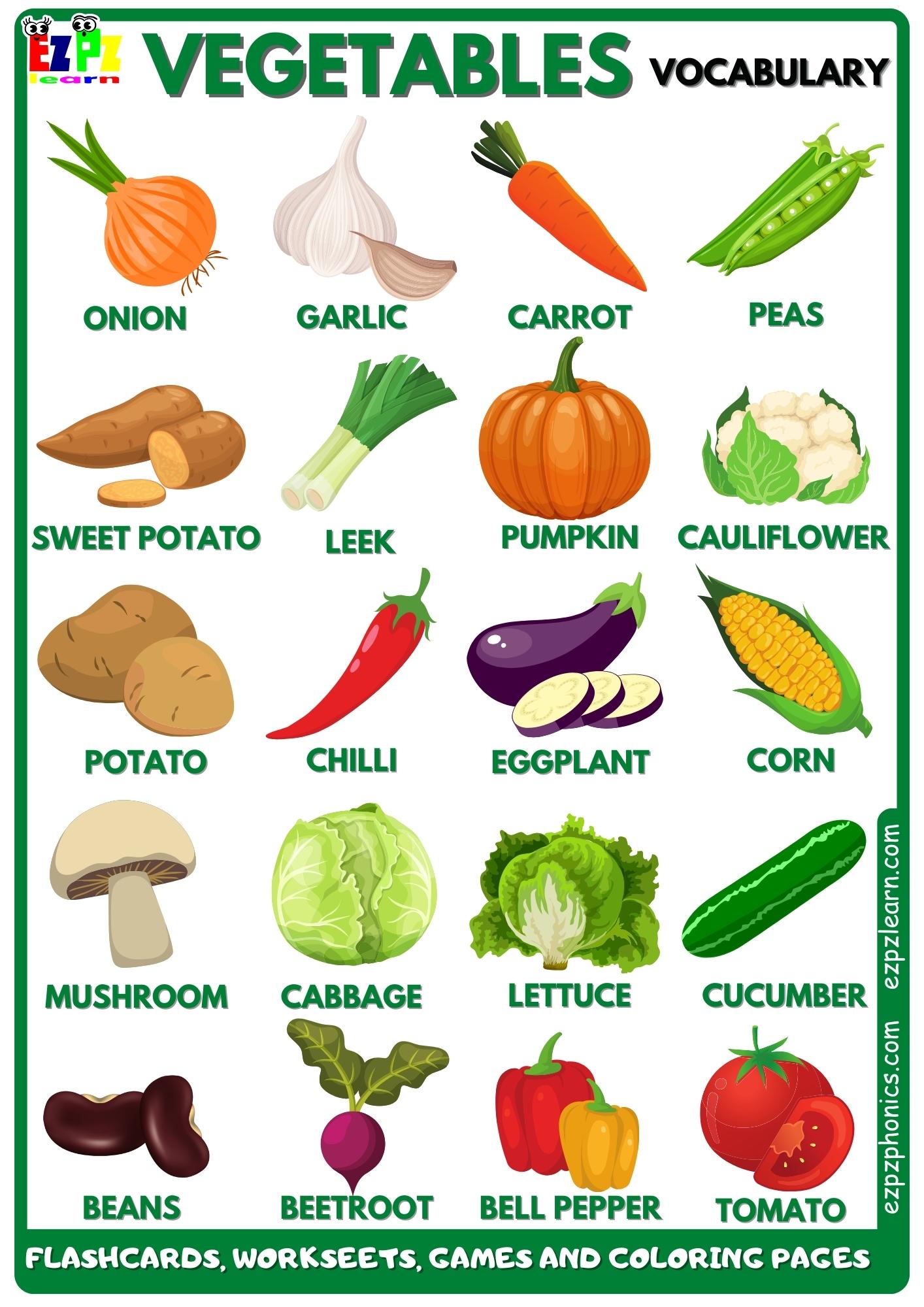 Vegetables Vocabulary Free English Vocabulary Flashcards, Worksheets, Coloring Pages, Games and More for Homeschool and English Language Learners